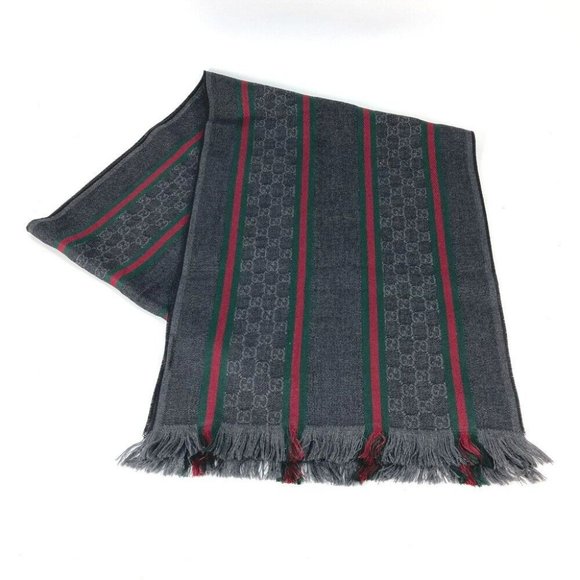 Gucci Accessories - Auth GUCCI 268941 Shelly line GG fringe Scarf wool / silk gray/Red x Green